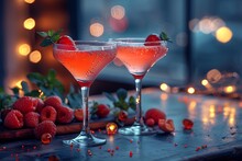 two glasses of pink liquid with berries on a table