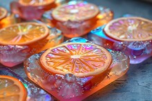 a group of orange slices in ice cubes