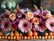 a group of flowers and fruits