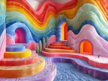 a colorful room with stairs and arches