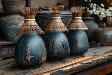 a group of vases with brushes