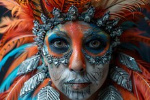 a woman with face paint and feathers