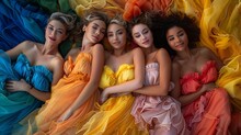 a group of women lying down in dresses