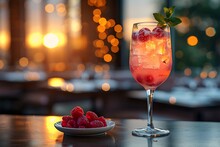 a glass of pink drink with berries on a plate