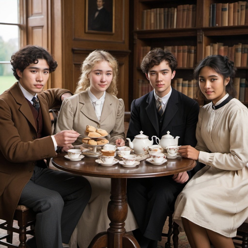 a group of people sitting at a table with tea cups and teapots
