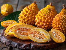 a group of fruit on a wood surface