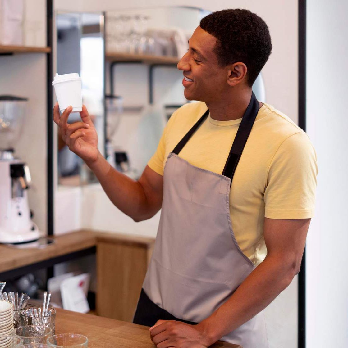 a man holding a small cup