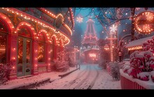 a snow covered street with buildings and lights