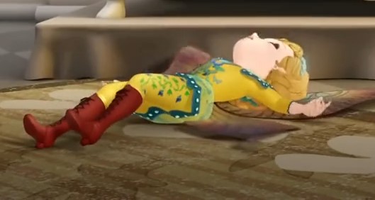 a cartoon of a doll lying on the floor