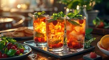 a group of drinks on a tray