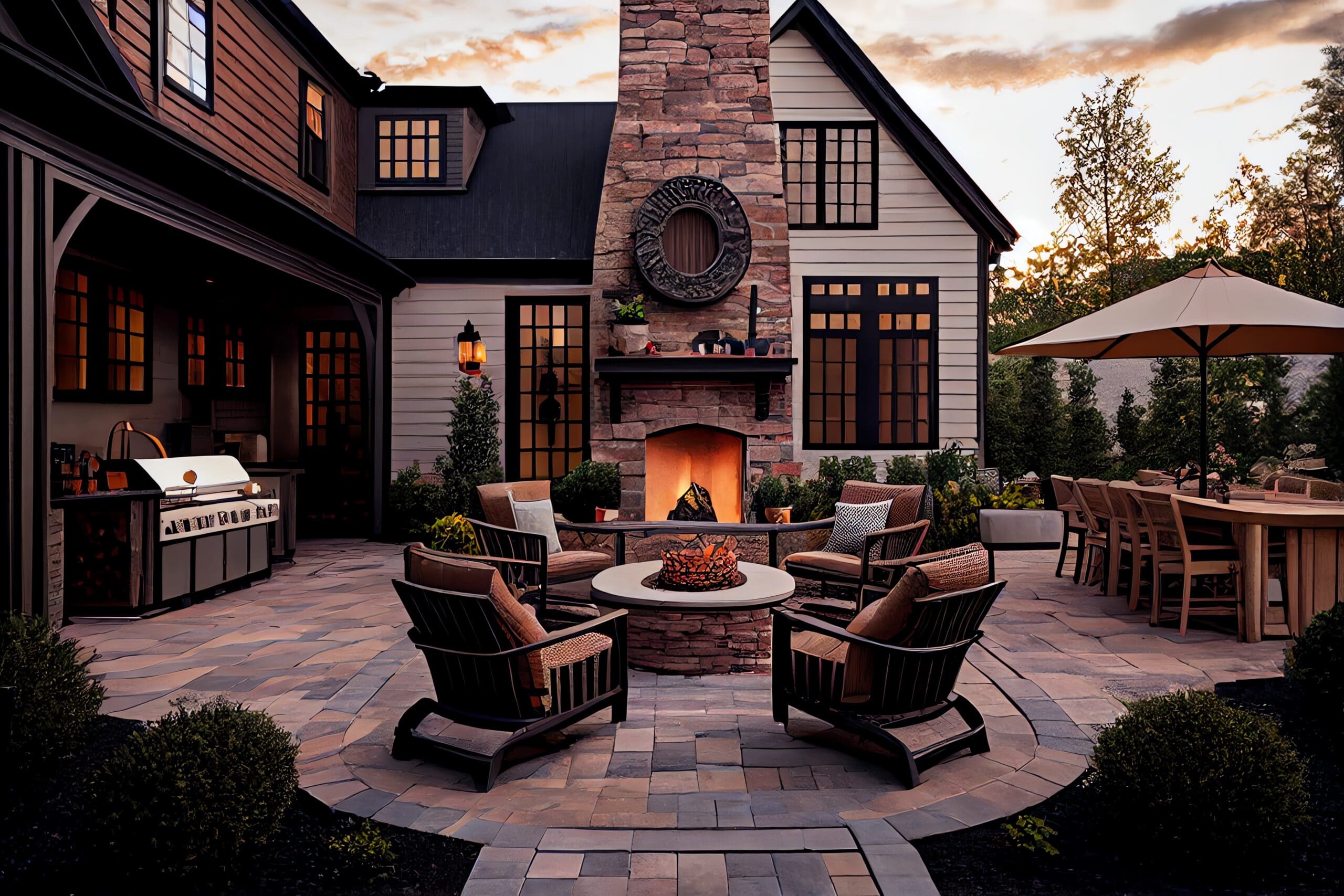 a patio with chairs around a fire pit