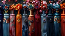 a row of colorful objects with flowers