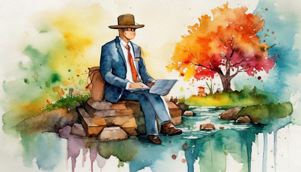a watercolor of a man sitting on a rock with a laptop