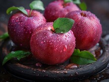 a group of red apples on a wooden surface