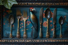 a tray with silverware and a bird