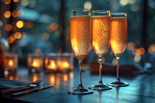 a group of champagne glasses on a table