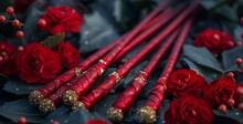 a group of red sticks with gold sprinkles