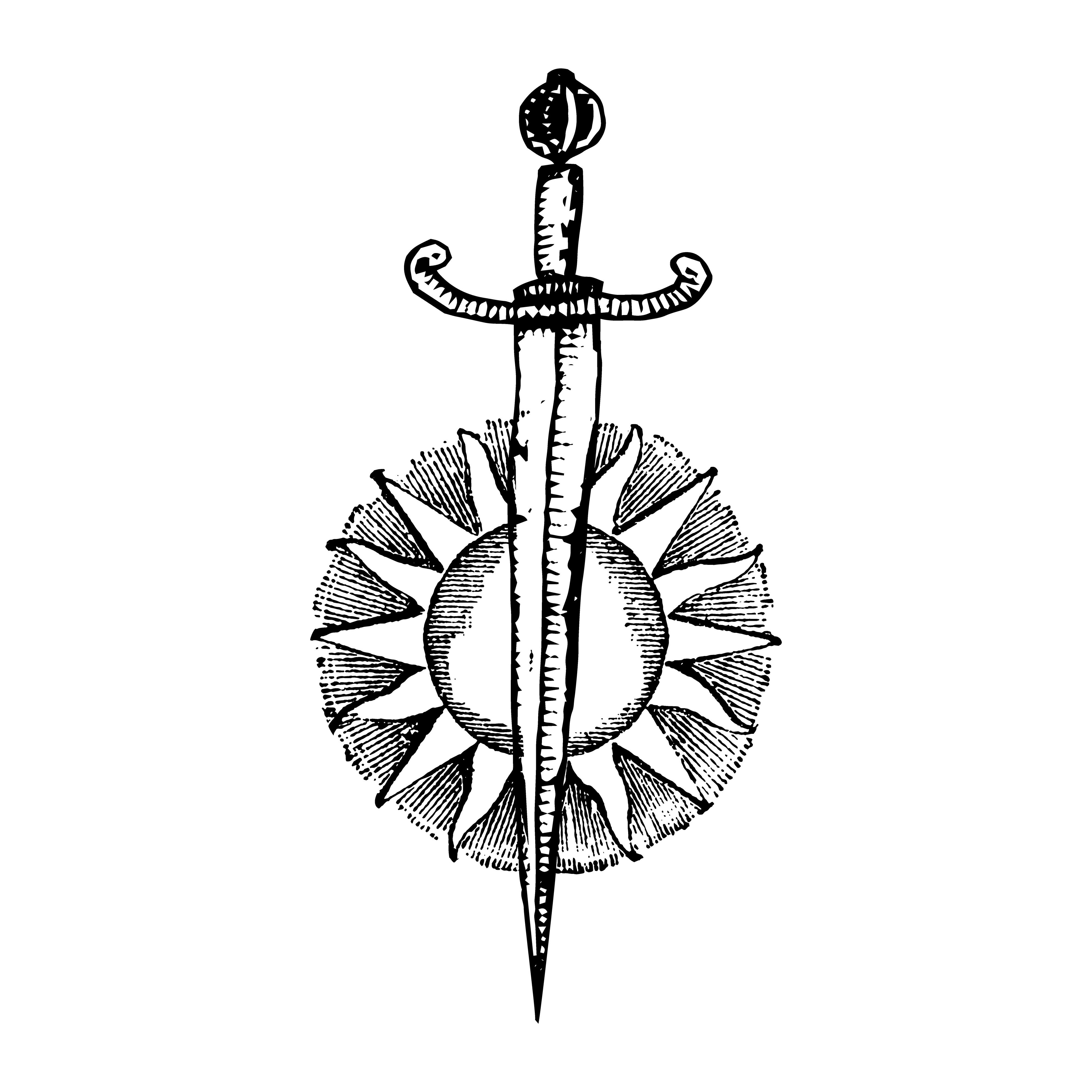 a drawing of a sword and sun