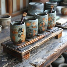 a group of cups with brushes on a wooden tray