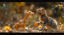 a cat holding a toy giraffe