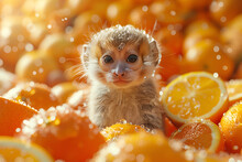 a small animal in a pile of oranges