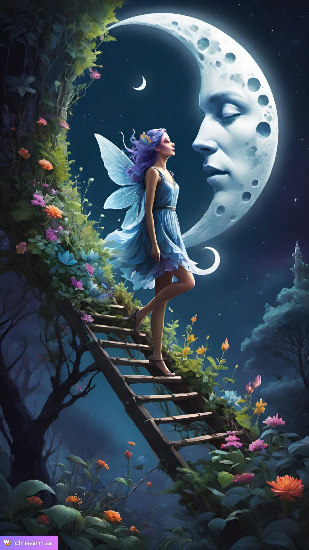 a woman in a blue dress on a ladder with a moon in the background