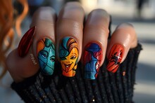 a painted nails with cartoon faces on them