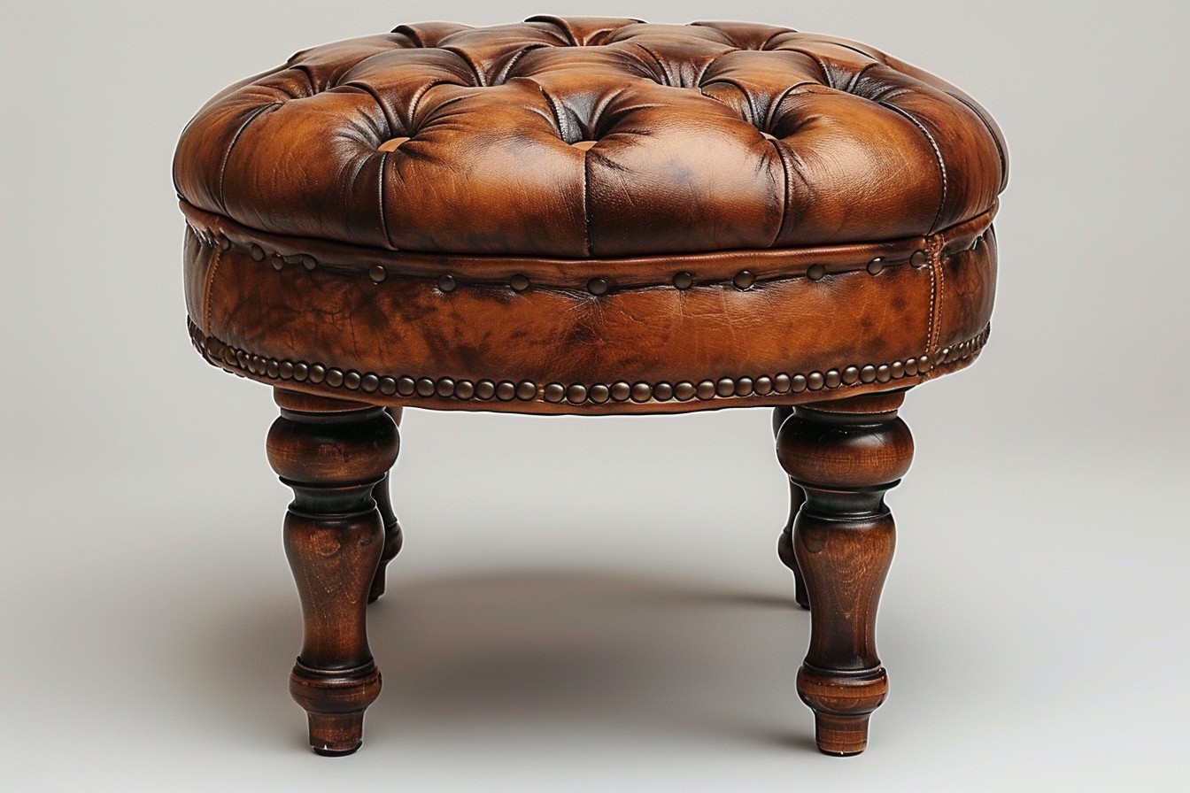 a brown leather ottoman with legs