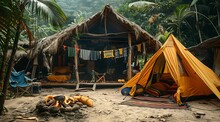 a tent and a fire in the woods