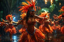 a group of women in clothing dancing in the rain