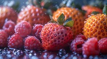 a group of strawberries and raspberries