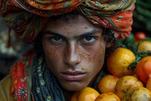 a man with oranges on his head