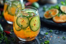 a glass of orange drink with cucumbers and oranges