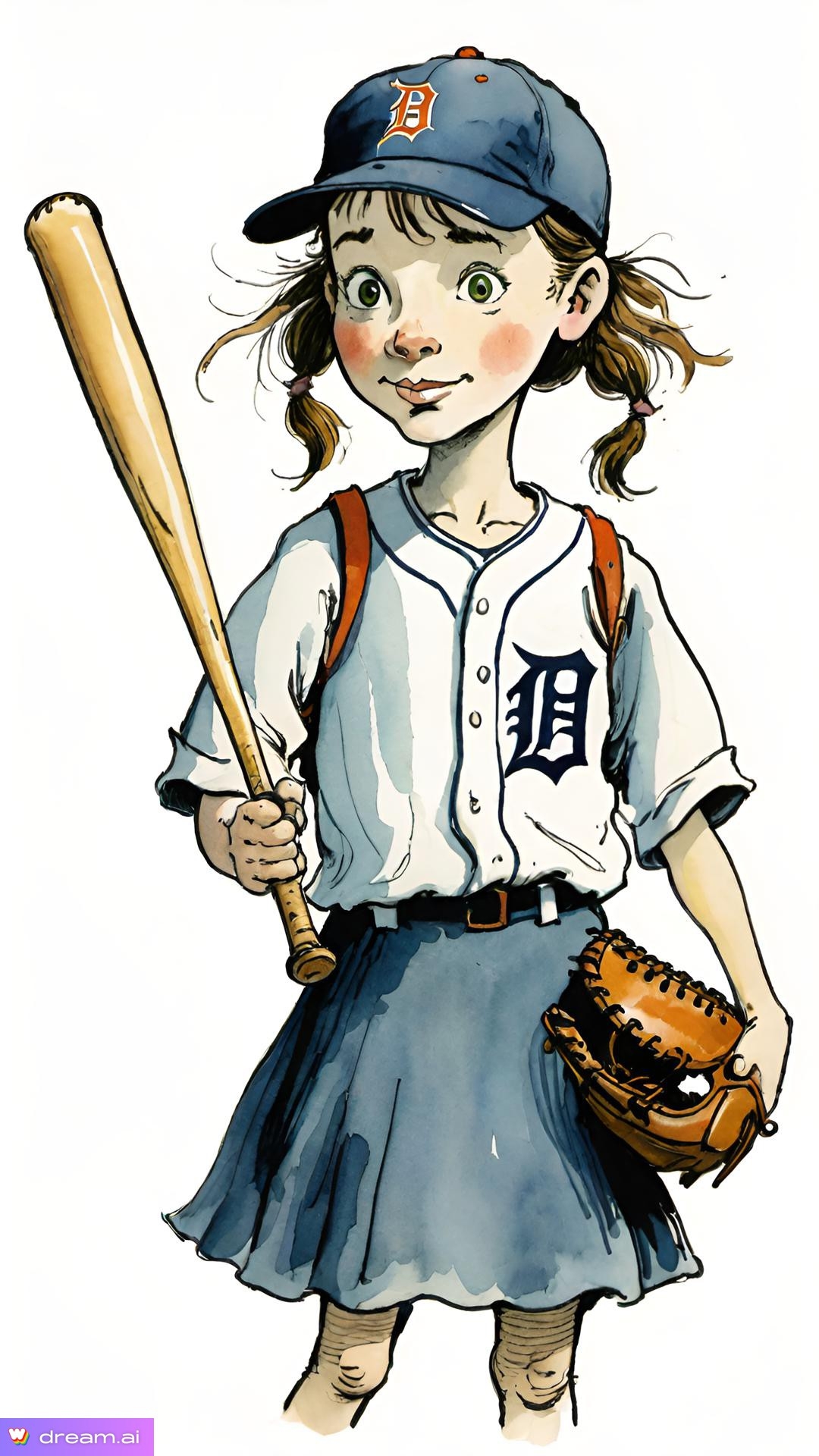 a cartoon of a girl holding a baseball bat and glove