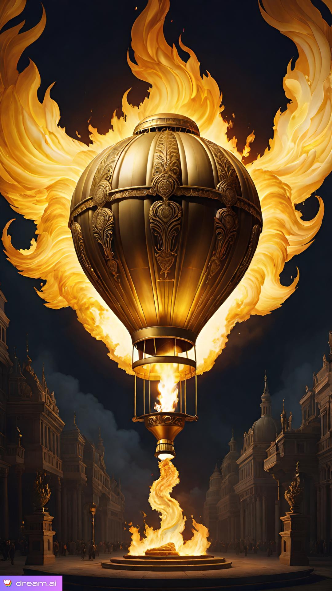 a hot air balloon with flames coming out of it