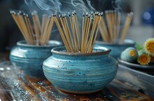 incense sticks in a blue bowl