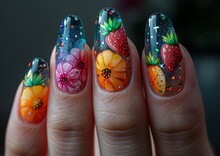 a close up of nails with painted flowers