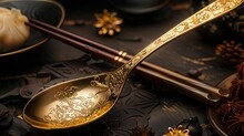 a spoon and chopsticks on a table