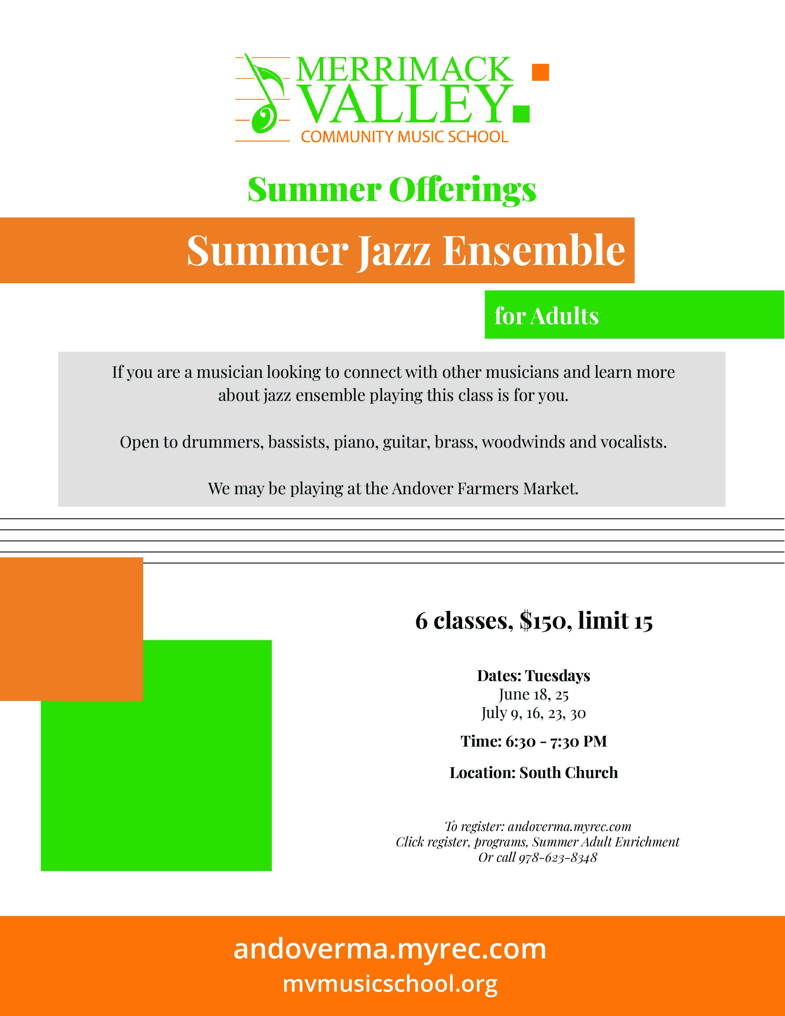 a flyer with green and orange squares