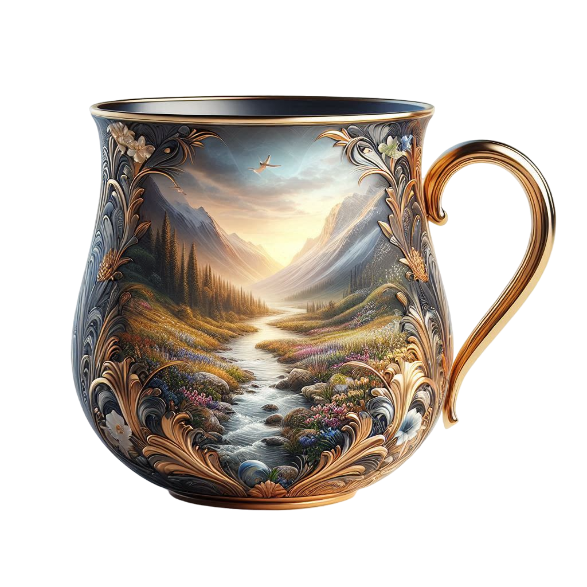 a painted mug with a river and mountains