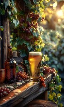 a glass of beer and grapes on a ledge