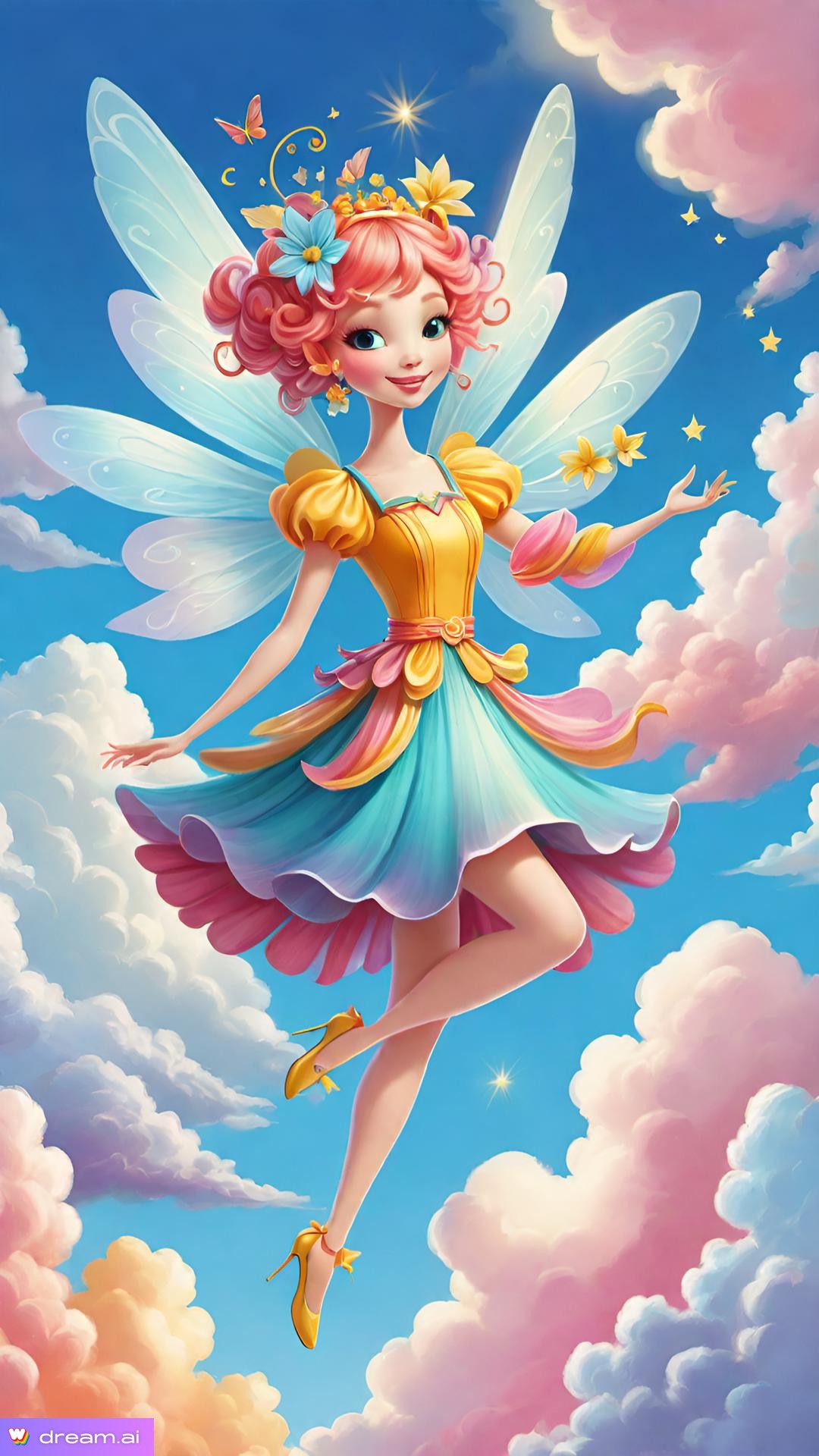 a cartoon of a fairy in a colorful dress