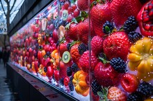 a display of fruit in a glass case