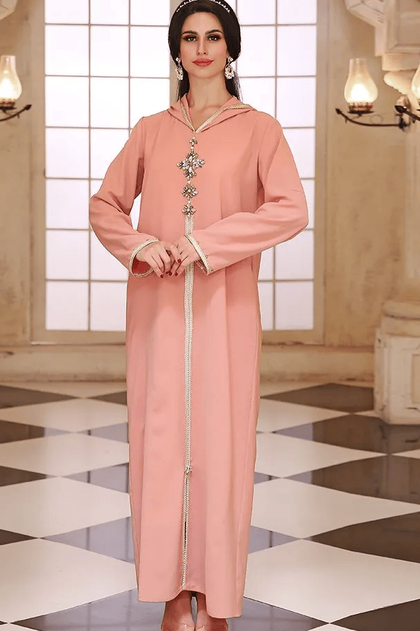 a woman in a pink robe