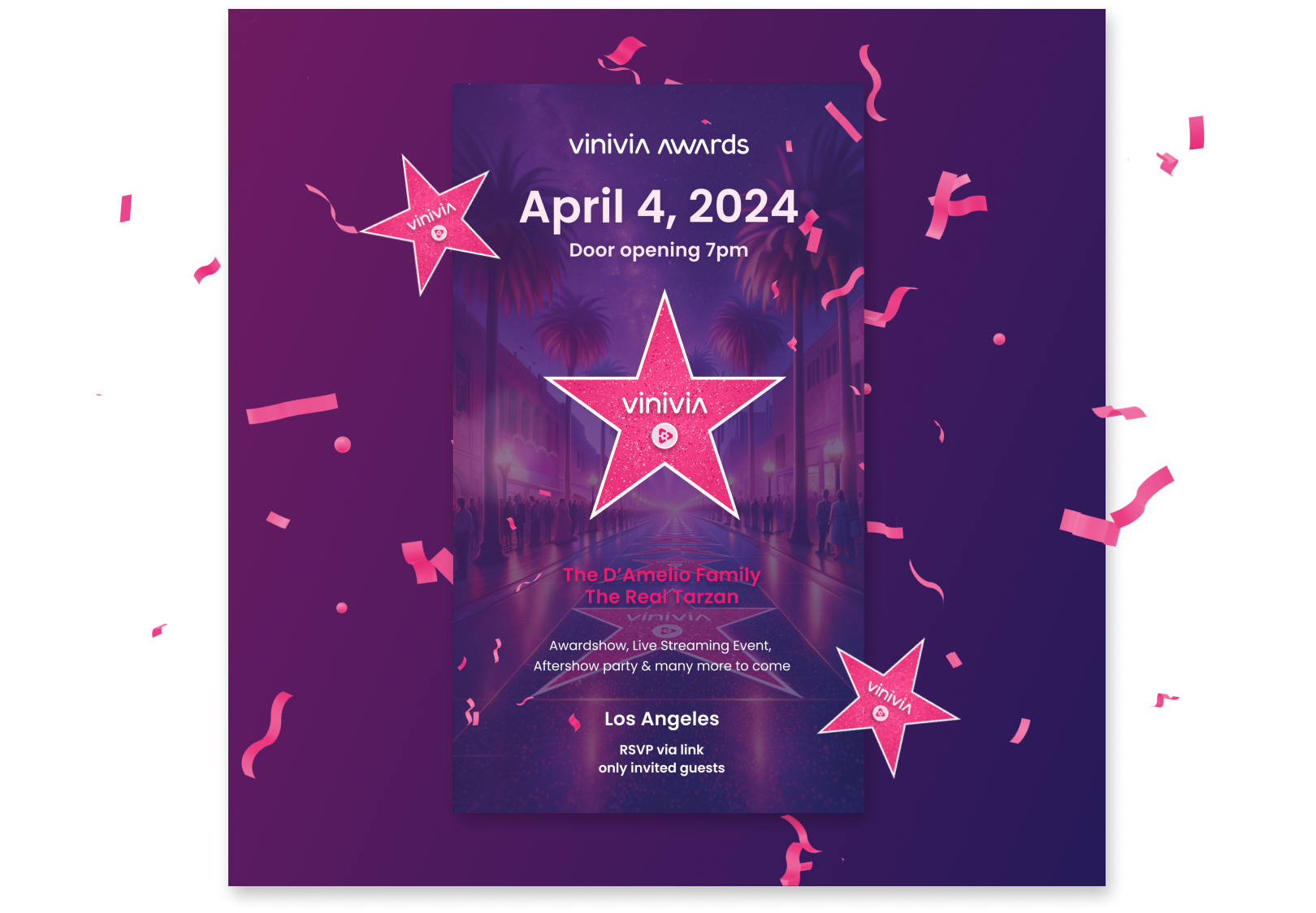 a purple and pink poster with confetti