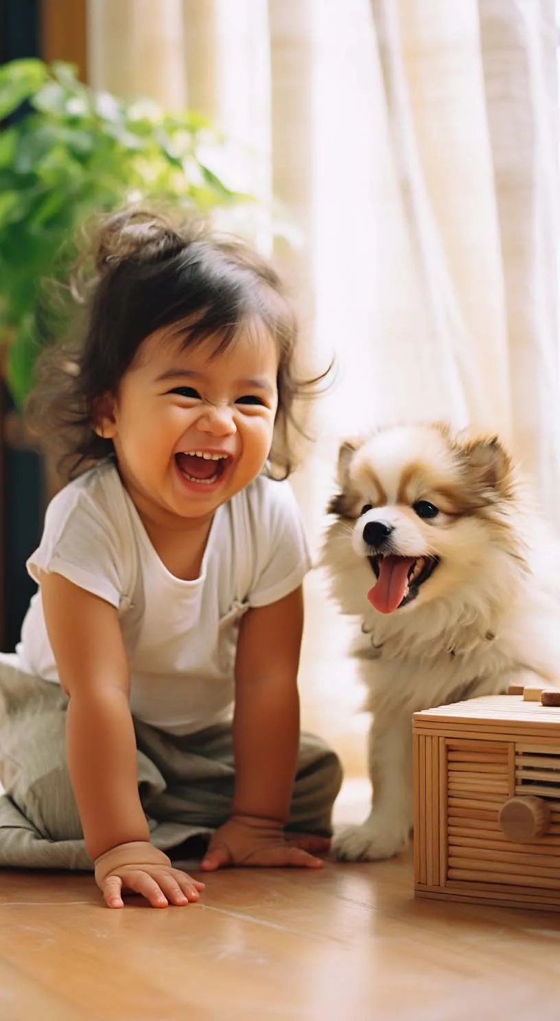 a child laughing next to a dog