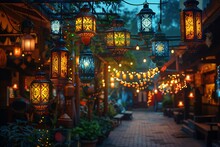 a street with lanterns and lights