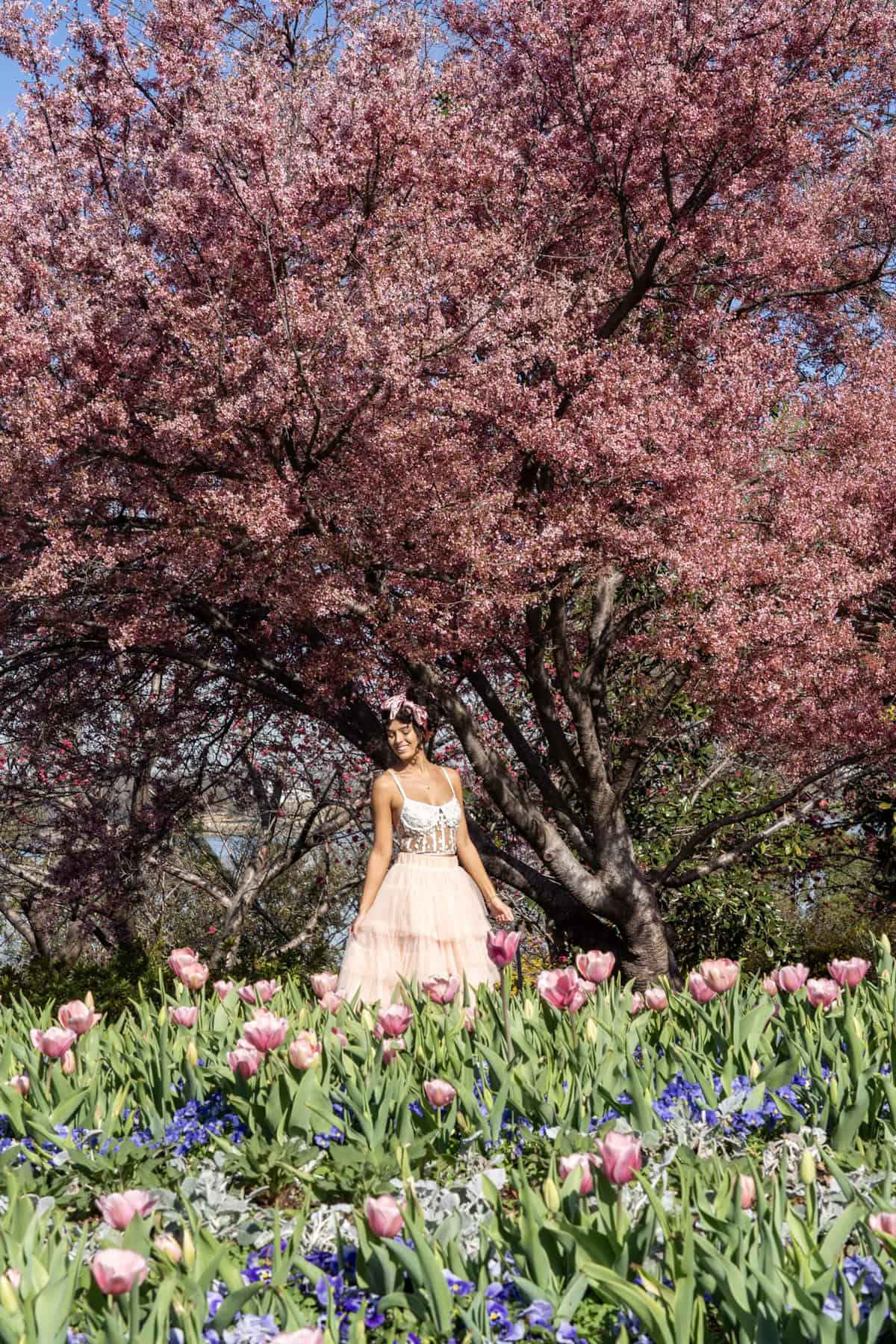 a woman in a dress standing in a field of tulips