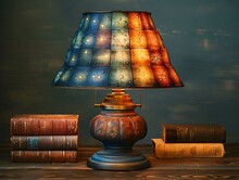 a lamp with a colorful shade on a table