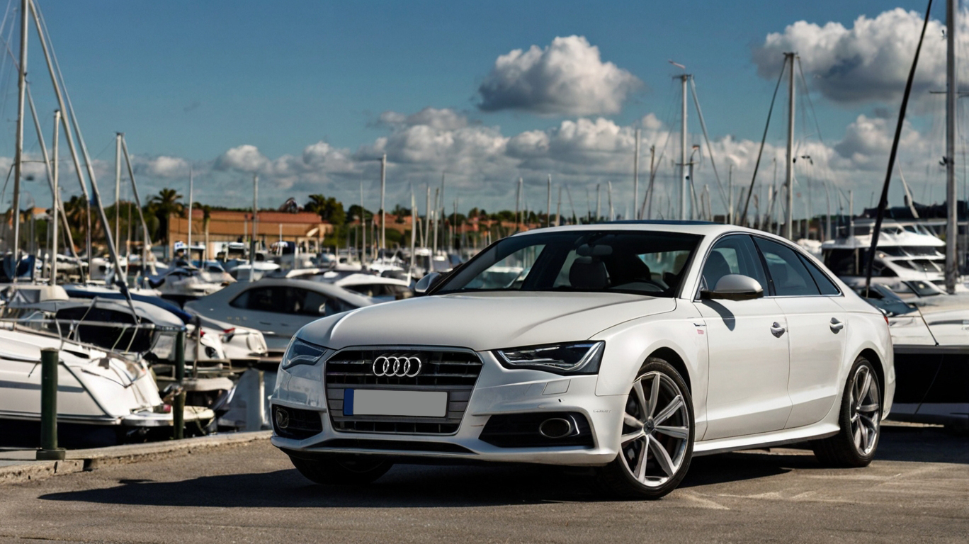 a white car parked on a dock with boats in the background